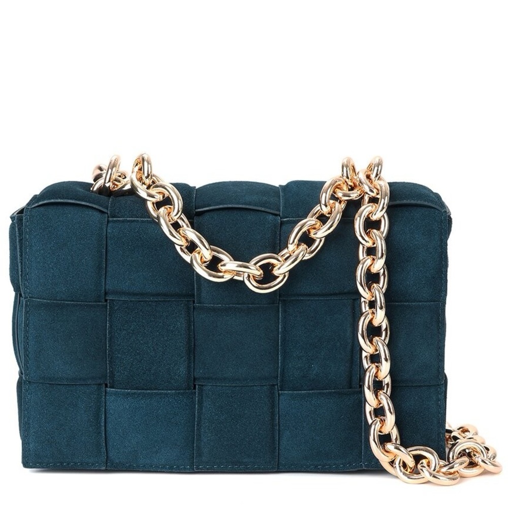 Green suede gold chain crossbody